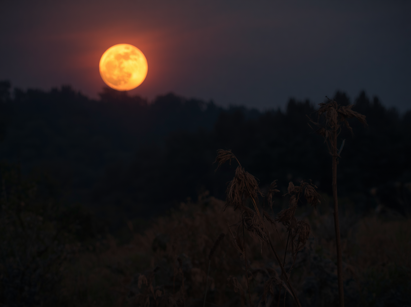 moody atmospheric photography of A dark, moody, cinematic photography of the July full moon. Massive, glowing full moon hanging low over a wild, dark landscape in late summer twilight. Raw, rustic texture, dark eart